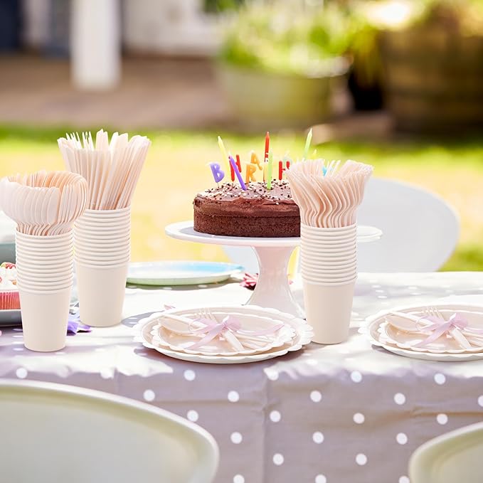 350 Pcs Ivory Plates and Napkins, 50 Guest Cream White Party Supplies Include Scalloped Paper Plates Napkins Cups Plastic Spoons Forks Knives Disposable Tableware Set for Weeding Bridal Shower