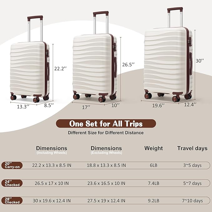 Hardshell Luggage Sets, Lightweight Wave Suitcases with Spinner Wheels, PP Ivory