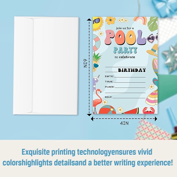Pool Birthday Invitations, 25 Summer Party Invites Cards with Envelopes, Double-Sided Fillable, Birthday Invitations for Teens Adults, Birthday Party Supplies (4 x 6 Inch) -A06