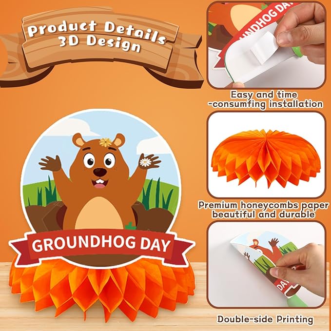 JULMELON 8PCS Groundhog Day Party Decorations Honeycomb Centerpieces, Happy Groundhog Day Party Centerpieces for Tables Groundhog Day Party Decor Supplies for Weather Forecast Spring February