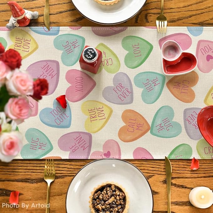 Artoid Mode Ture Love Heart Table Runner, Seasonal Kitchen Dining Table Decoration for Home Party Decor 13x120 Inch