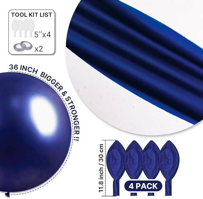 PartyWoo Navy Blue Balloons 4pcs 36 Inch Matte Helium Dark Blue Latex Balloons for Graduation Anniversary Wedding Sports Theme Boy Baby Shower Men Birthday Bachelorette Party Decorations Blue-Y72