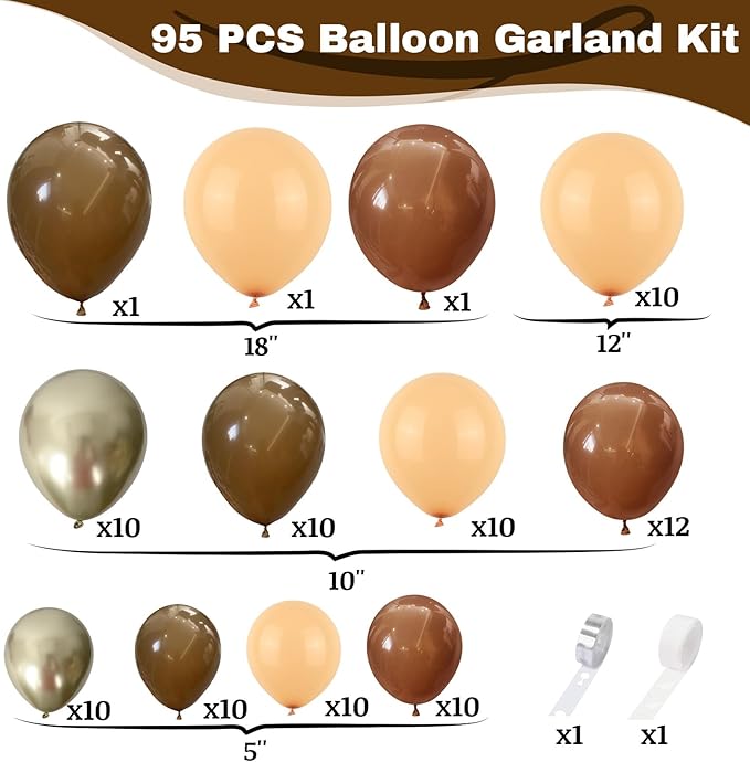 Brown Balloon Garland Arch Kit, Nude Tan Balloon Set with Brown Gold Metallic Balloons, Beige Neutral Coffee Balloons for Teddy Bear Boho Birthday Party Decorations