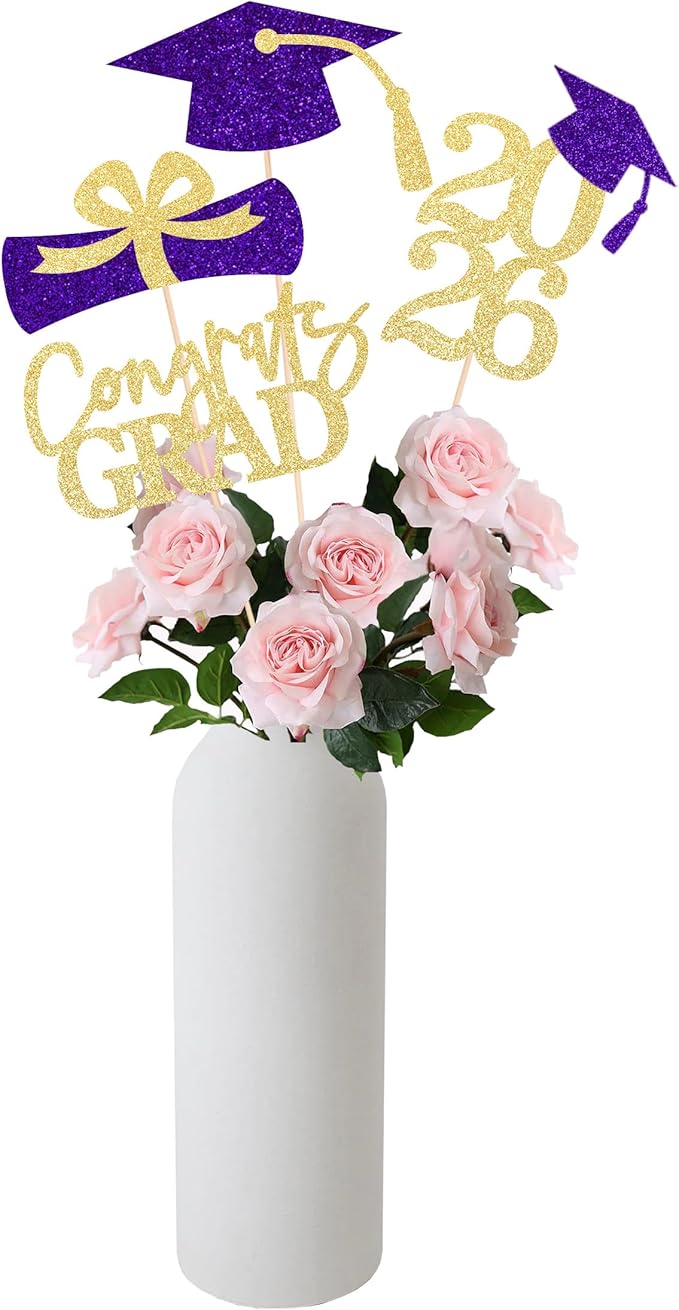 Gexolenu 16 PCS Gold and Purple Double-Sided 2026 Graduation Centerpieces for Tables, 2026 Table Toppers Party Centerpiece Sticks Party Supplies, Graduation Party Decorations Class of 2026, Set of 4