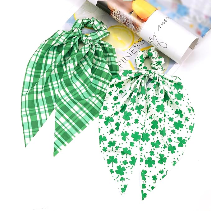 St.Patrick's Day Hair Ties for Woman Girls Green Plaid Shamrock Ribbon Hair Scrunchies Elastic Irish Lucky Leaf Hair Tie St.Patricks Party Supplies Hair Accessories 2PCS