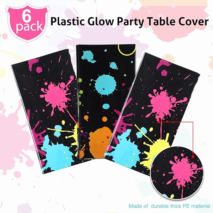 Glow Party Table Covers Neon Plastic Tablecloths 108 x 54 Inch Disposable Neon Glow Table Cloths for Black Light Birthday Party Supplies Decorations(6 Pieces)