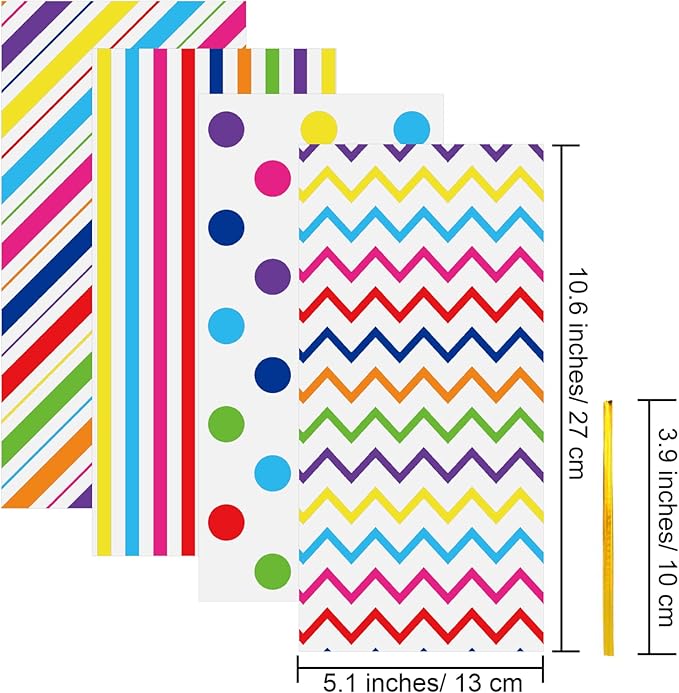 Aneco 100 Pack Rainbow Cellophane Bags 10.6 x 5.1 Inch Plastic Candy Bags Gift Bags Goodie Bags with Twist Ties for Valentine, Birthday, Gift Cookie Snack Packing Party Favor Supplies