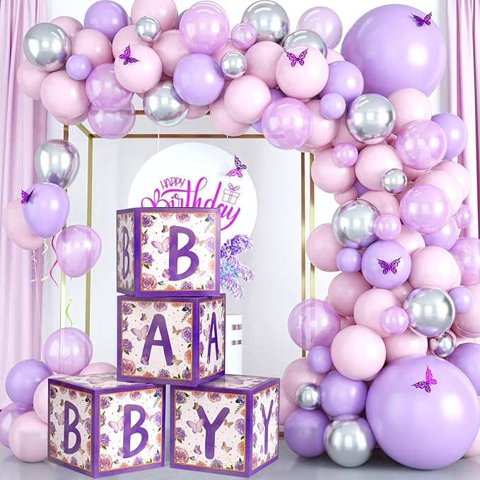 Baby Boxes with Letters for Baby Shower, 4pcs Butterfly Balloon Boxes with Letters for Gender Reveal Birthday Wedding Baby Shower Decorations(Purple)