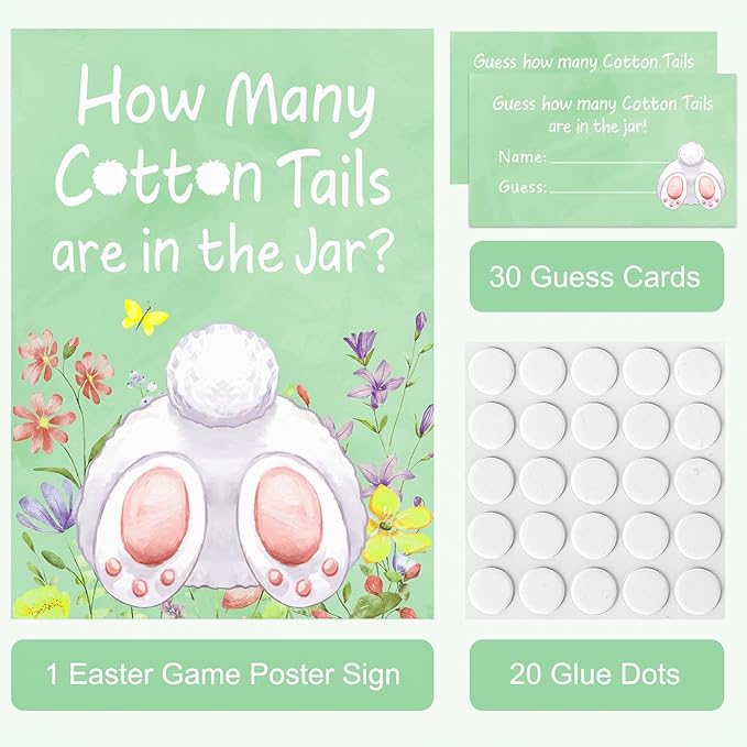 COCHIE 30 Players Easter Games for Adults family Large Groups, How Many Cotton Tails Are in the Jar Easter Party Game, Spring Games Classroom Bunny Brunch Sign with Cards (Green)