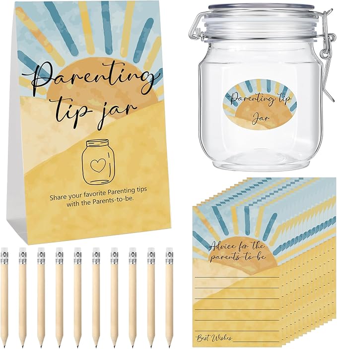 Roowest Baby Shower to Baby Advice Cards for New Parents to Be - Tip Jar Sign for New Parents 60 Parenting Advice Cards 10 HB Pencils 2 Cute Stickers 1 Pet Bottle for Guests Games (Sun)