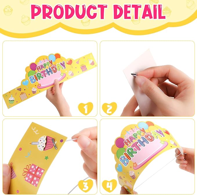 Yunsailing 36 Pcs Happy Birthday Crowns for Kids Paper Birthday Hat Crowns for Classroom Gifts Kids' Party(Pink, Yellow, Blue)