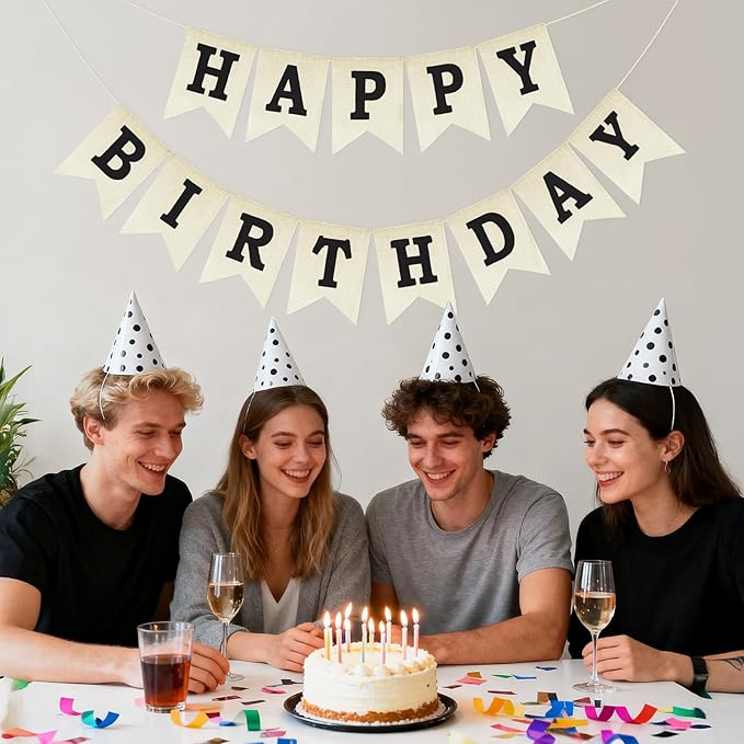 Anwyll Happy Birthday Banner - NO DIY Burlap Happy Birthday Banner Sign Happy Birthdays Party Decoration Happy Birthdays Banners Bunting for Women Men Girl Boy Celebration Party Backdrops (Black)