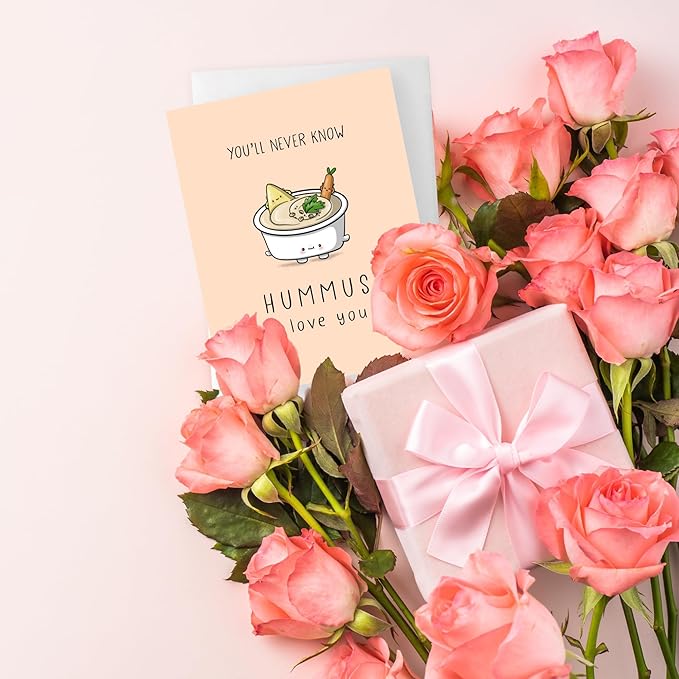 ALY LOU Mothers Day Card Anniversary Birthday for Mom Dad Wife Husband Girlfriend Boyfriend Stepmom Aunt Parents – Cute Funny Punny Greeting Card for Fathers Day – Blank Inside (Hummus I Love You)