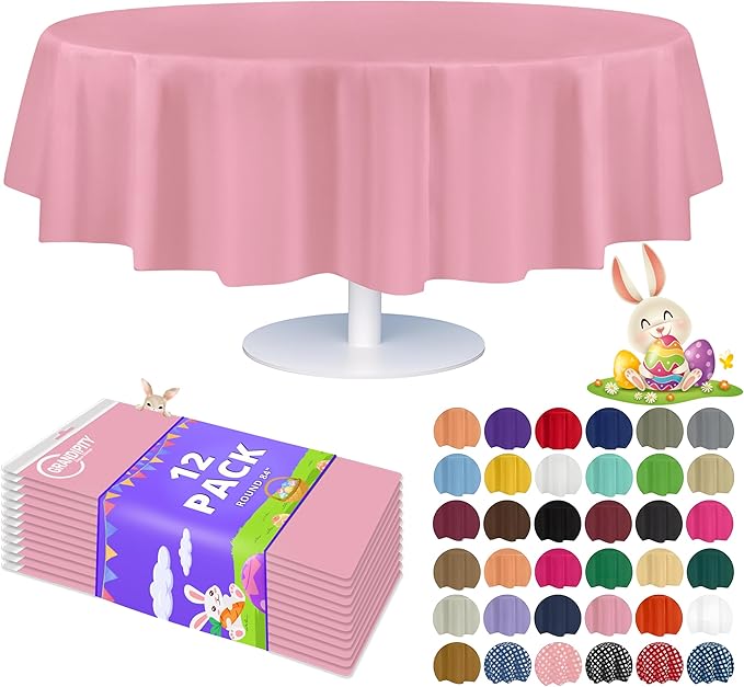 Grandipity 12 Pack Premium Disposable Plastic Tablecloth 84" Inch Decorative Round Table Cover - Pink