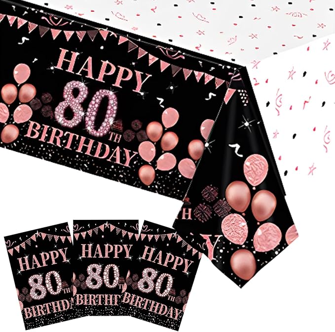 3 PCS 80th Birthday Tablecloth Decorations Black and Rose Gold 80 Years Old Party Disposable Rectangular Table Cloth for Women Birthday Anniversary Celebration Decor