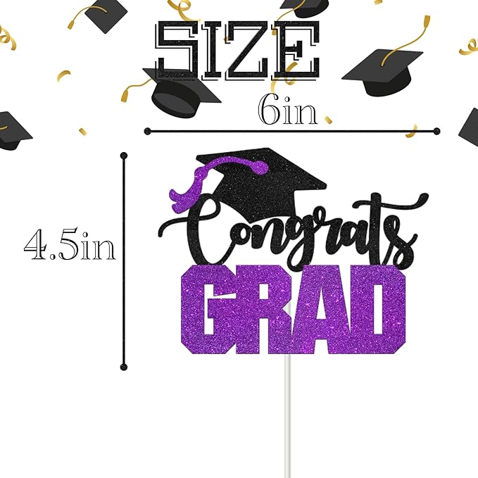 Congrats Grad Cake Topper - High Sohool/College Graduation Party Decoration Supplies - Congratulations Class of 2025 Party Cake Decorations (Purple)