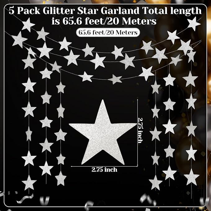 Spakon 65 Feet Glitter Star Paper Garland Banner Hanging Decoration Star Streamers Double Side 2026 Graduation Decorations for Wedding Birthday Festival New Year Party Decoration (Glitter Silver)
