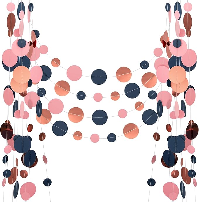 52FT Party Garlands, Paper Garland Circle Dots, Hanging Circle Banner Decorations for Birthday, Party, Wedding, Baby Shower, Graduations, Christmas, Wall Decor (Blue Pink Rose Gold Garlands)