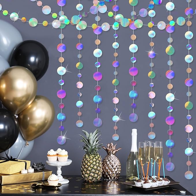 Outus 10 Pieces Round Dots Garland Iridescent Party Decorations Holographic Circle Garlands Each Length 13.1ft Glitter Paper Dot Streamers for Birthday Wedding Classroom (Laser Silver)