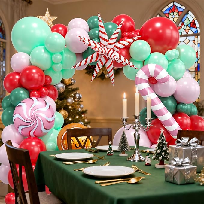 Christmas Balloon Arch Garland Kit,120PCS Christma Pastel Pink Green Balloons, Candy Crutch Gingerbread Foil Ballons for MerryChristmas Party Decorations Party Supply Birthday,Baby Shower