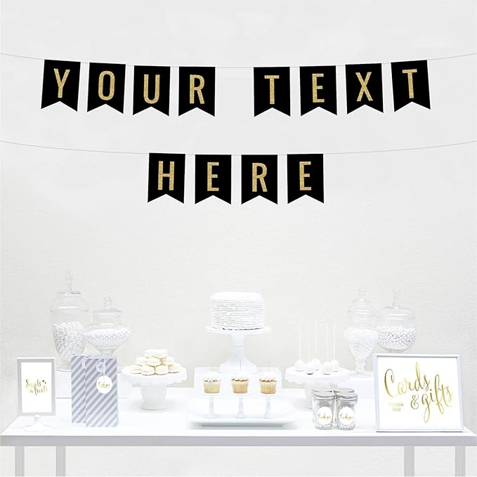 Andaz Press Fully Personalized Faux Gold Glitter on Black Party Banner Decorations, Your Text Here, Approx 5-Feet, 1-Set, Birthday Graduation Anniversary Wedding Colored Hanging Pennant Decor, Custom