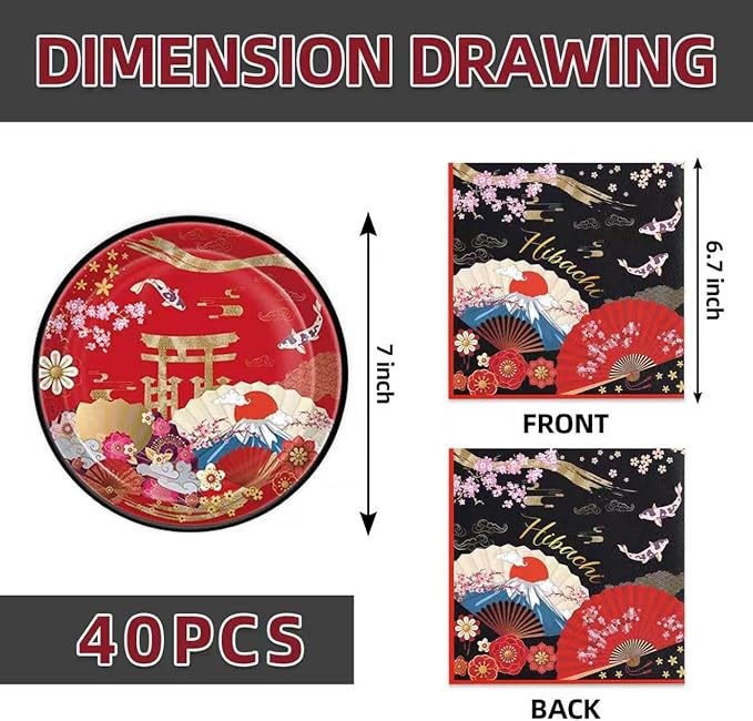 40Pcs Hibachi Birthday Party Plates and Napkins for 20 Guests Tableware Hibachi Supplies Oriental Crane Plum Folding Fans Japanese for Kids Baby Shower Birthday Party Decorations