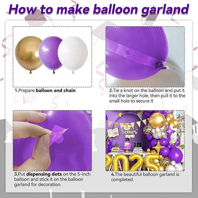Purple Gold White Balloons Arch Kit with Star Balloon Pennant Flag Bunting 2025 Foil Balloon Banner Purple Gold Confetti Balloons Garland for Class of 2025 Graduation Theme Birthday Party Supplies