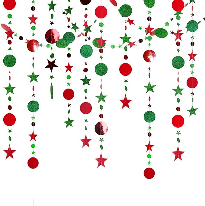 GCQQ 52Ft Christmas Garlands - Red Green Christmas Paper Streamers Garland Glitter Star Circle Dots Wall Hanging Decorations Indoor for New Year, Xmas Tree, Office, Table, Ceiling, Classroom