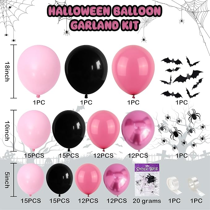 Halloween Balloon Arch Garland Kit, Black Pink Witch Halloween Balloons with Spider & Bat Decor, Metallic Fuchsia Pastel Goth Spooky Balloon for halloween Party Home Garden Outdoor Party Decorations