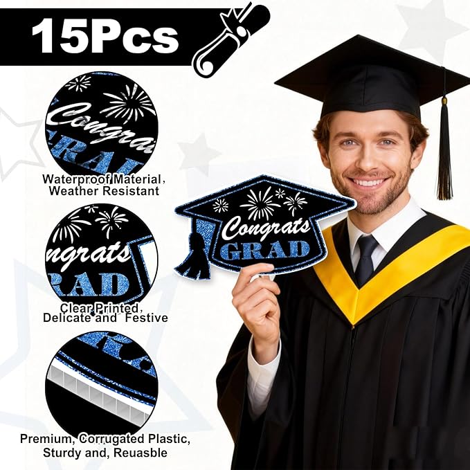 15 PCS Graduation Yard Signs Class of 2026 Decorations, 2026 Graduation Decorations - Large 4FT Tall Congrats Grad Lawn Sign Set with H-Stake & Fiberglass Rods, Waterproof Outdoor & Indoor Graduation Party Decor,Blue and Black