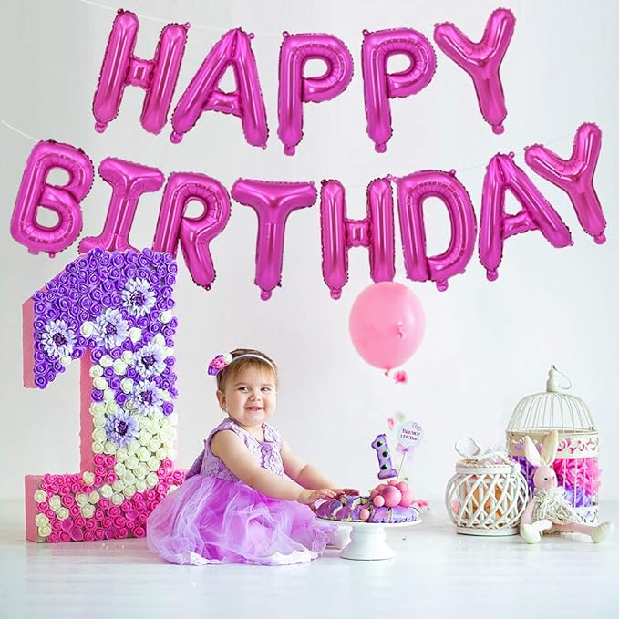 TONIFUL Hot Pink Happy Birthday Balloons Banner, 16 Inch Mylar Foil Letters Birthday Sign Bunting Reusable for Girls Boys Kids & Adults Birthday Decorations and Party Supplies