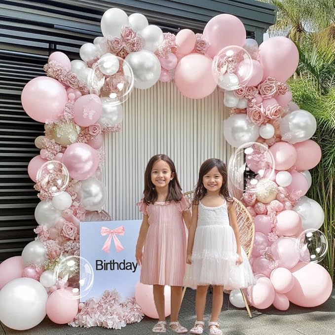Pearl Pink White Balloon Arch Double Stuffed Pastel Light Pink White Cream Balloon Garland Kit with Bobo Balloons for Birthday Wedding Bridal Baby Shower Mother's Day Bachelorette Party Decor