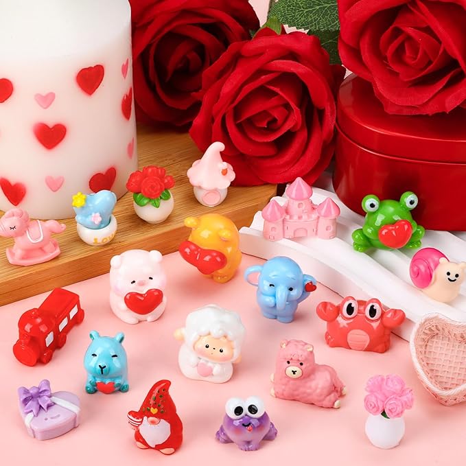 56Pcs Valentine's Day Miniature Figurines 56 Style Valentines Mini Small Resin Figurines with Love Heart Animals and Little Ducks for Valentines Party Gifts Dollhouse Fairy Garden Landscape Home Decor