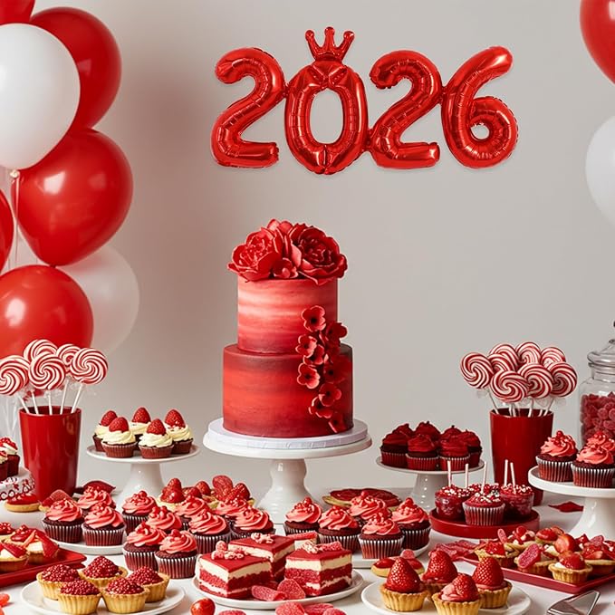 TONIFUL 2026 Red Crown Foil Number Balloons 16 Inch Red Number Banner 2026 Graduation Aluminum Foil Mylar Balloons for New Year Eve Christmas Anniversary Party Supplies