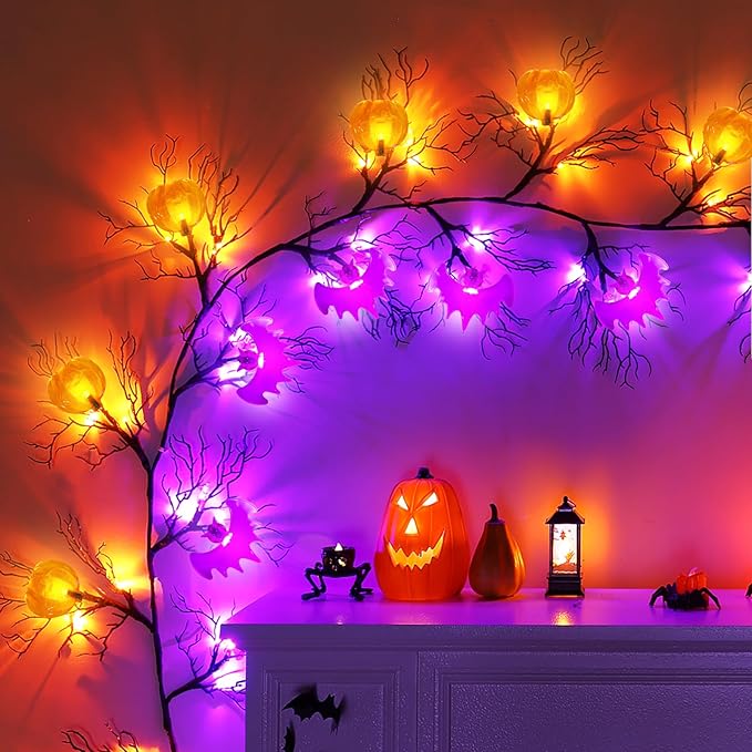 Joyhalo Halloween Garland with Lights Decorations with Pumpkin & Bat Lights,Battery Operated 6FT 46 LED Halloween Willow Vine Twig Garland for Mantle,Wall,Fireplace and Halloween Decorations