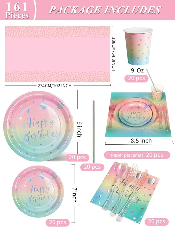 Birthday Party Tableware, 161 Pieces Rainbow and Silver Party Supplies, Dinnerware Sets Include Paper Plates Napkins Cups Silverware, for Shower Engagement Parties Decoration -20 Serves