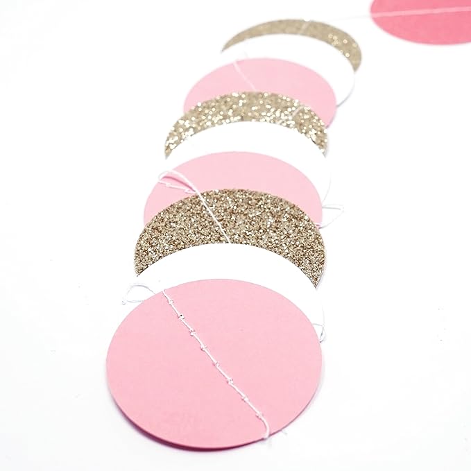 Chloe Elizabeth Circle Dots Paper Party Garland Streamer Backdrop (4-Pack, 10 Feet Per Garland, 40 Feet Total) - Pink, White, Gold Glitter