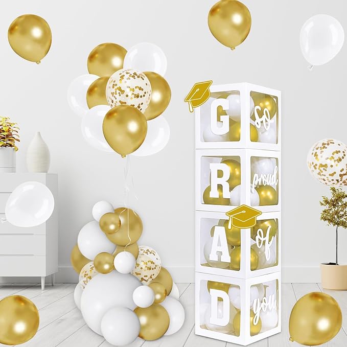 DAZONGE 2026 Graduation Party Decorations - Set of 4 Graduation Boxes with 139pcs Balloons Arch Garland Kit & 4 Light Strings - So Proud of You Class of 2026 Decorations for Any Grades