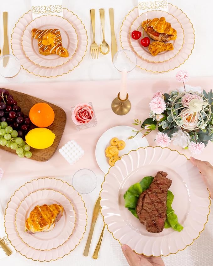 YOUBET 175PCS Pink Scalloped Plastic Plates - Gold Disposable Dinnerware Set Include 50 Plates, 75 Gold Silverware, 25 Cups, 25 Napkins for Party & Wedding & Baby Shower Easter Mothers Day