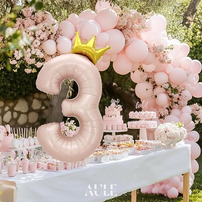 AULE 40 Inch Big Pink 3 Balloon Number with Crown Large Foil Helium Number Balloons 0-9 Jumbo Giant Happy 3rd Birthday Party Decorations Huge Mylar Anniversary Party Supplies