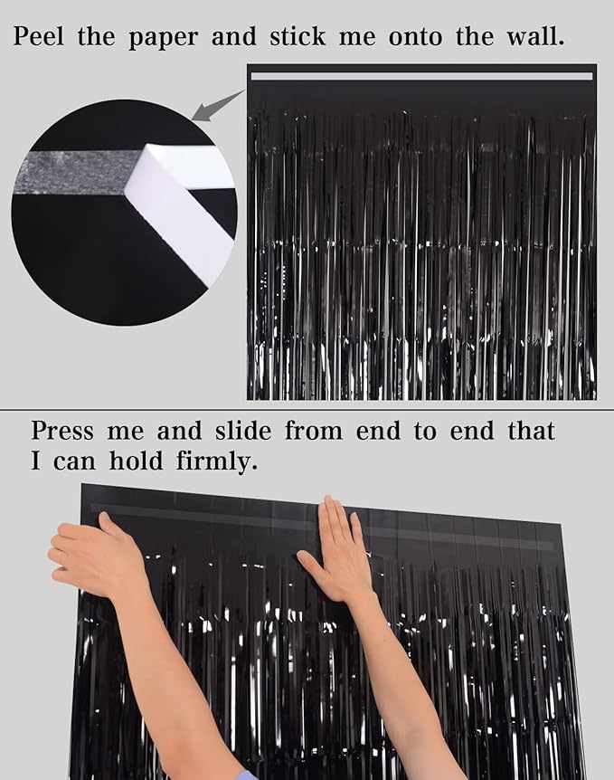 Black Tinsel Fringe Backdrop Curtains for Parties, Melsan 3.2 x 8 ft Black Streamer Photo Backdrop for Birthday, Graduations, New Year Eve Party Decor - Pack of 4