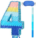 WERNNSAI Number 4 Piñata - Ombre Blue Number Piñata with Blindfold Stick Birthday Party Game for Kids Boys Girls 4th Birthday Party Decorations （16.3" x 11.6" x 3")