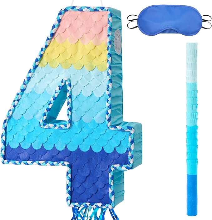 WERNNSAI Number 4 Piñata - Ombre Blue Number Piñata with Blindfold Stick Birthday Party Game for Kids Boys Girls 4th Birthday Party Decorations （16.3" x 11.6" x 3")