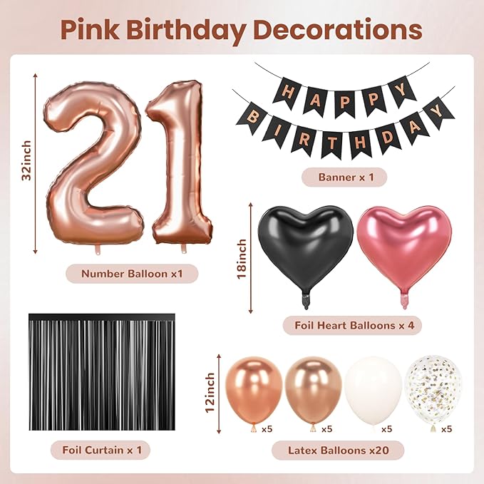 21st Birthday Decorations for Women - Rose Gold, Black and Hot Pink Party Supplies Set with Happy 21st Banner, Number 21 Balloons and Foil Fringe Curtains - 21 Year Old Celebration Kit
