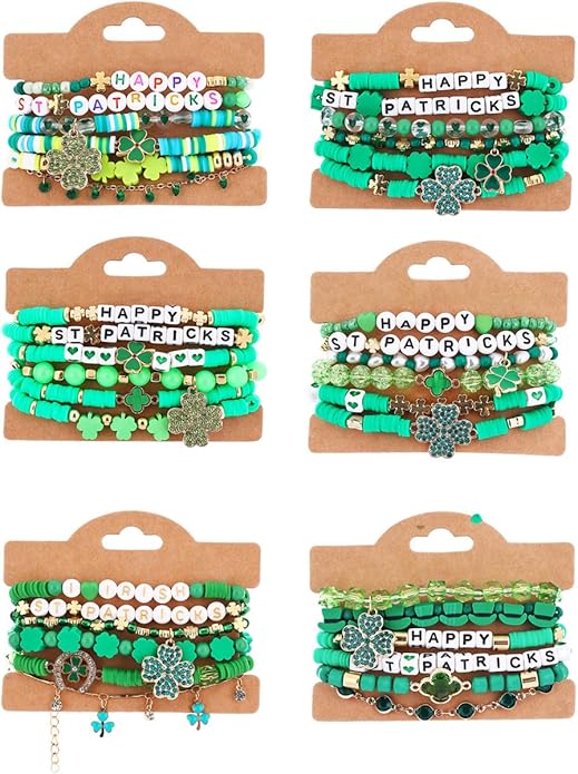 Cooluckday 36 Pcs Holiday Heishi Surfer Bracelets for Women Bulk Easter Mother's Day Christmas St. Patrick's Day Mardi Gras Bracelet Stackable Stretch Friendship Bracelets Set
