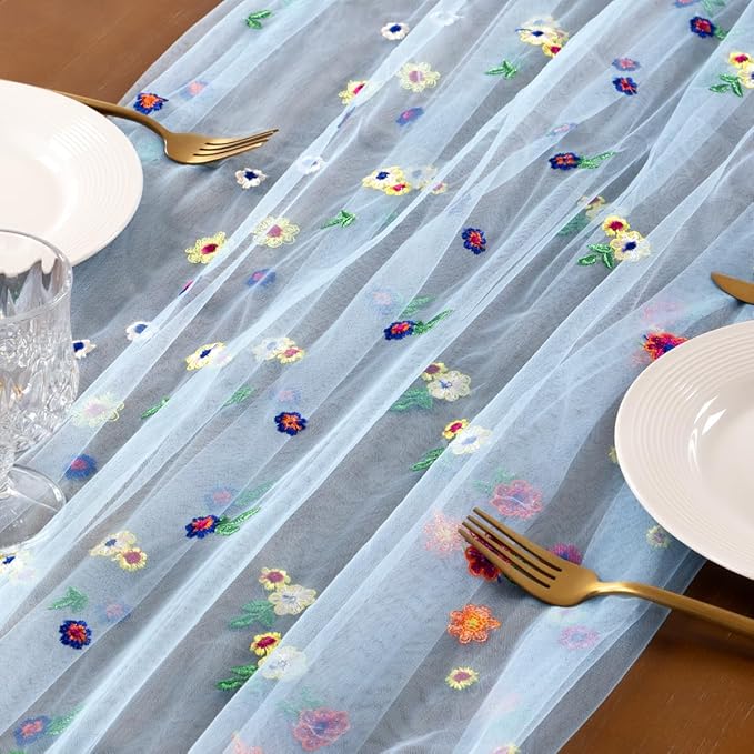 Socomi Embroidery Daisy Spring Easter Floral Wildflower Tulle Gauze CheeseclothTable Runners for Wedding Party Baby Shower Birthday Holiday Picnic Home Decor Blue 3pcs