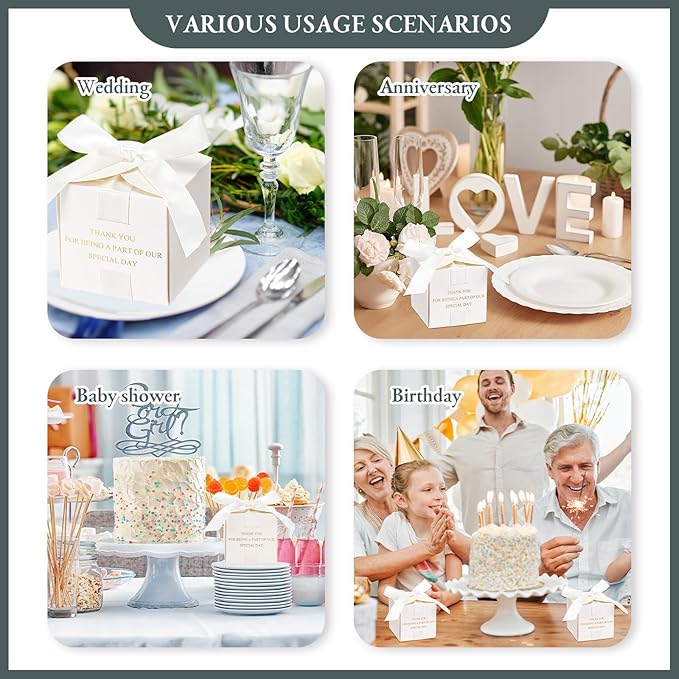 Marspark 50 Pcs Wedding Favor Boxes, 2.5 x 2.5 x 2.5 Inch Wedding Party Candy Boxes with Ribbons Bridal Gift for Guests Bridal Shower Birthday Party Anniversary Supplies(White)