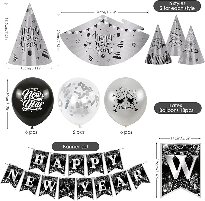 73pcs Black Silver New Years Eve Party supplies Including New Years Hats Happy New Year banner Photo Props Fringe Curtain Backdrop Noisemaker Balloons for New Year's Eve Party NYE Decorations 2026