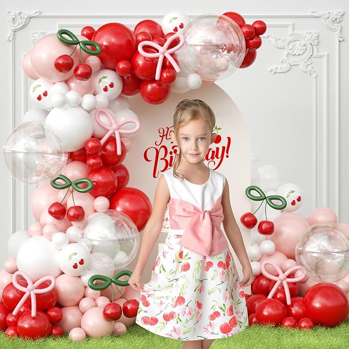 JOGAMS 181Pcs Cherry Balloon Arch Garland Kit, Cherry Party Decorations with Clear Green Pink 260 Balloons for Cherry On Top Baby Shower Birthday Bridal Shower Wedding Galentine's Valentine's Day