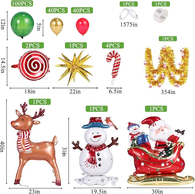 193 PCS Christmas Balloon Garland Arch Kit, Christmas Tree Balloons, Christmas Tree Snowman, Deer, Sled Aluminum Foil Balloons Santa Claus Hanging Decoration for Christmas Party